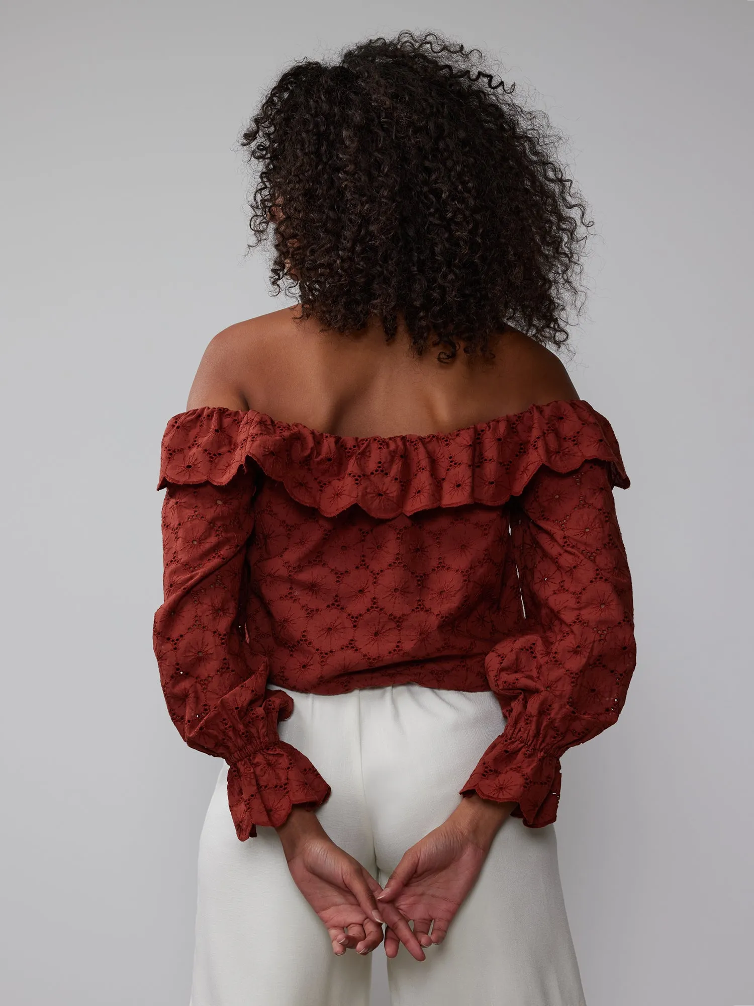 Off-The-Shoulder Eyelet Flounce Blouse