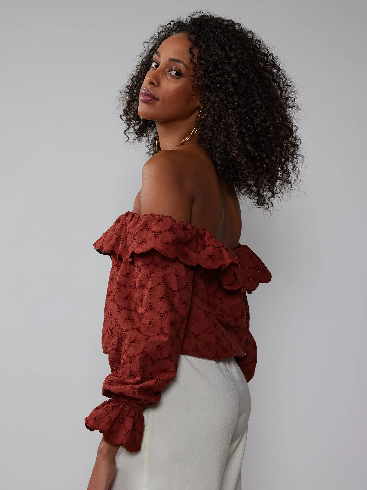 Off-The-Shoulder Eyelet Flounce Blouse