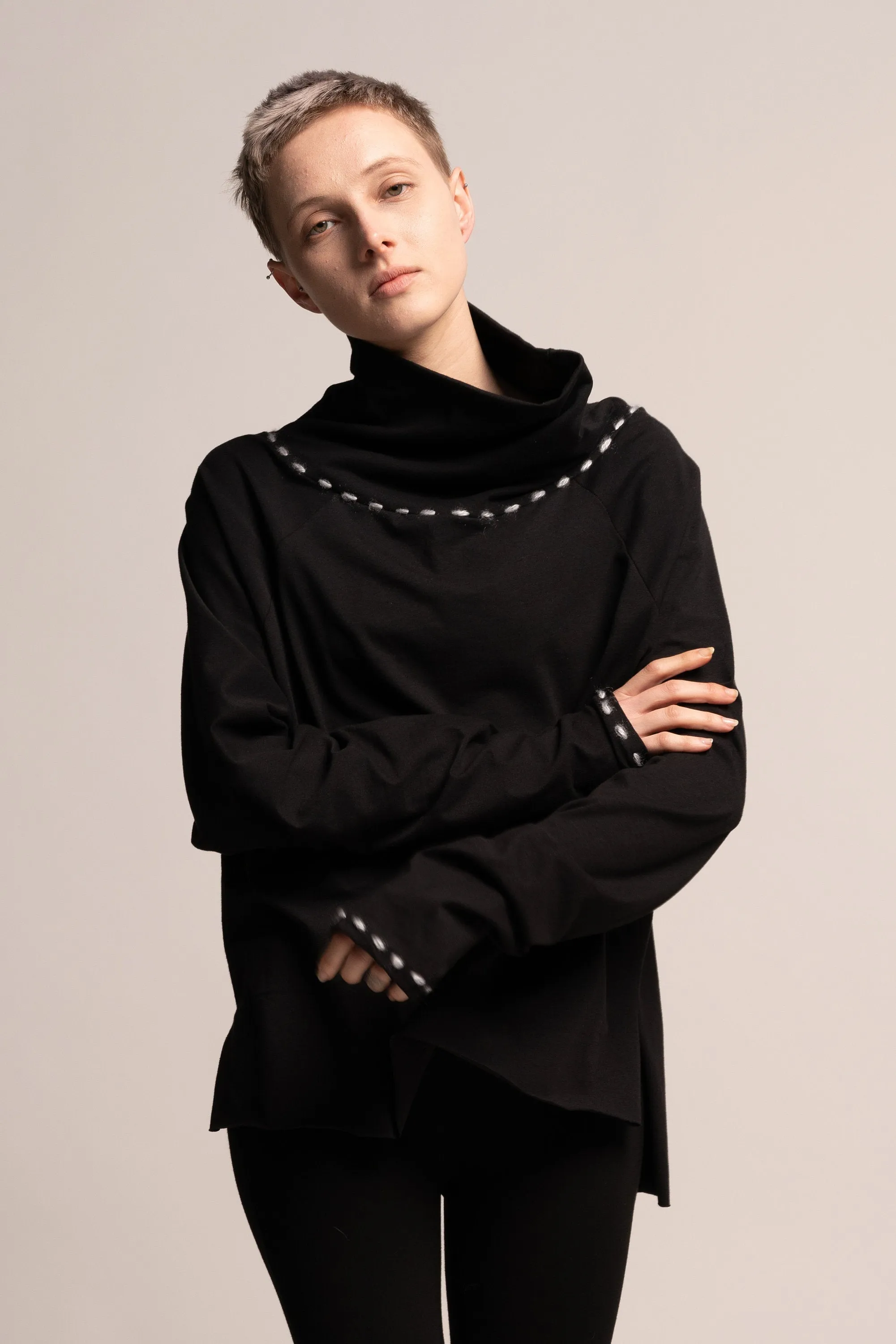 Oversize Black Turtleneck Tunic Top