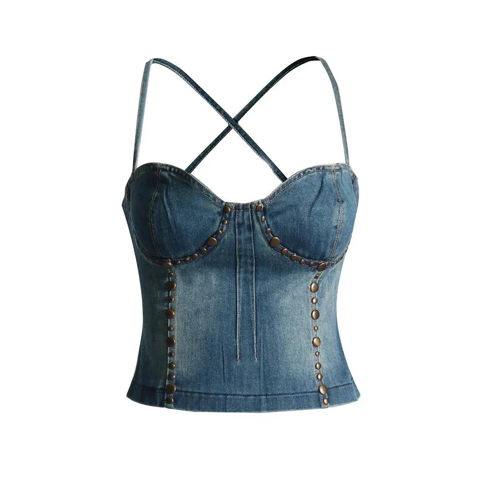 Patchwork Rivet Slimming Sexy Vests For Women Square Collar Sleeveless Backless Denim Vest Female Fashion Clothing