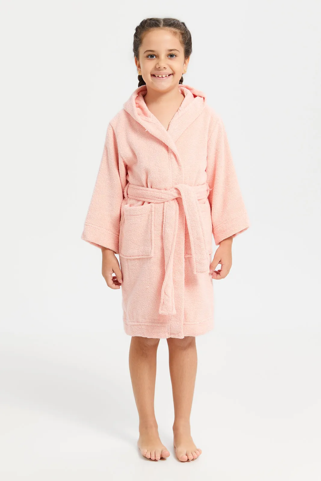 Pink Hooded Belted Kids Bathrobe