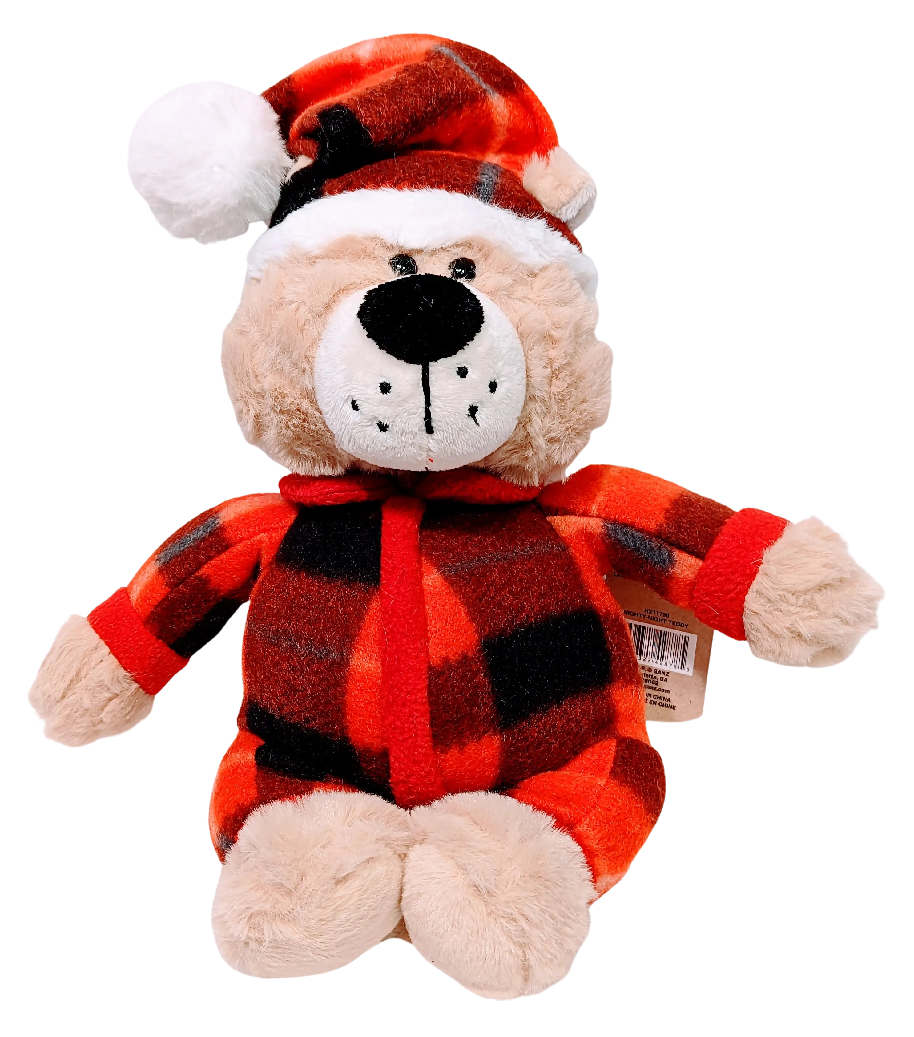 Plush Bedtime Bear with Red Plaid Winter Pajamas & Hat