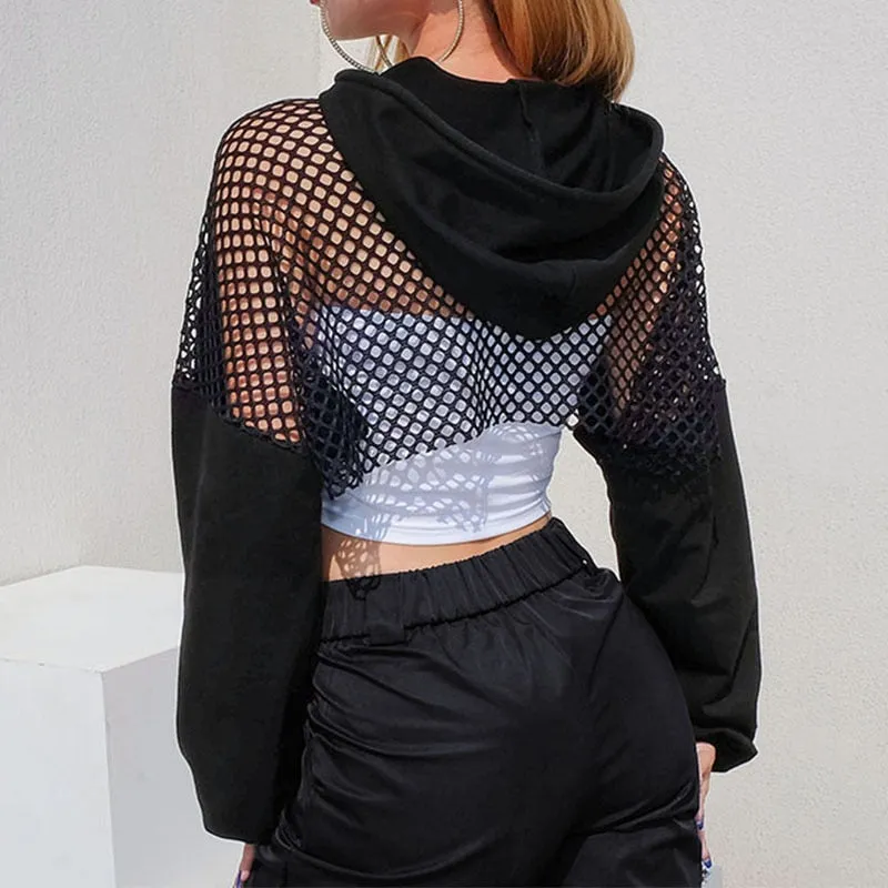 Punk Crop Top Mesh Harajuku Hooded Long Sleeve