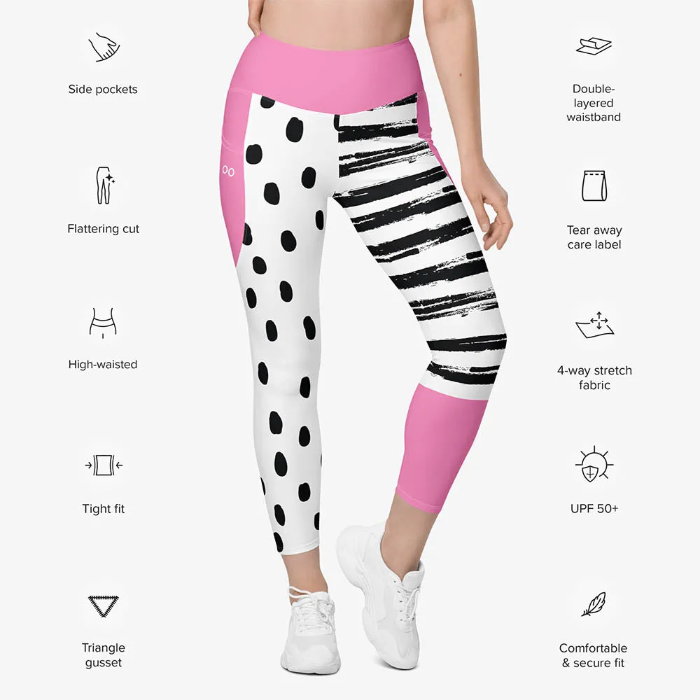 Recycled Printed Leggings "Dots&Stripes" Pink with pockets