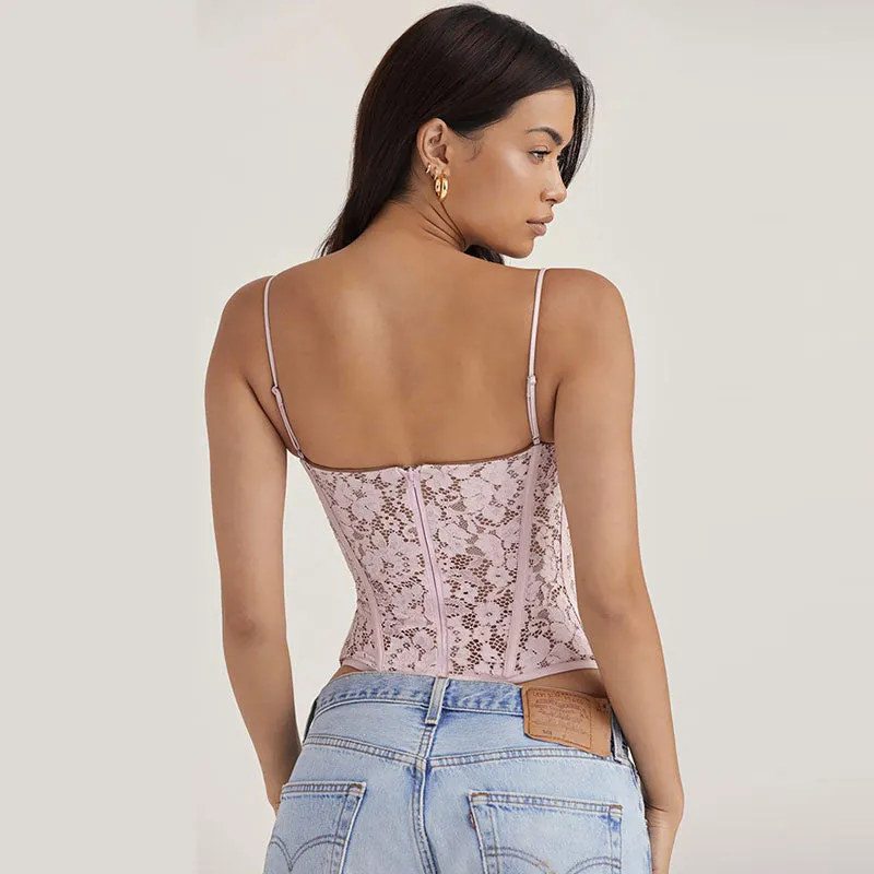 Romantic Sweetheart Spaghetti Strap Floral Lace Corset Crop Top - Pink