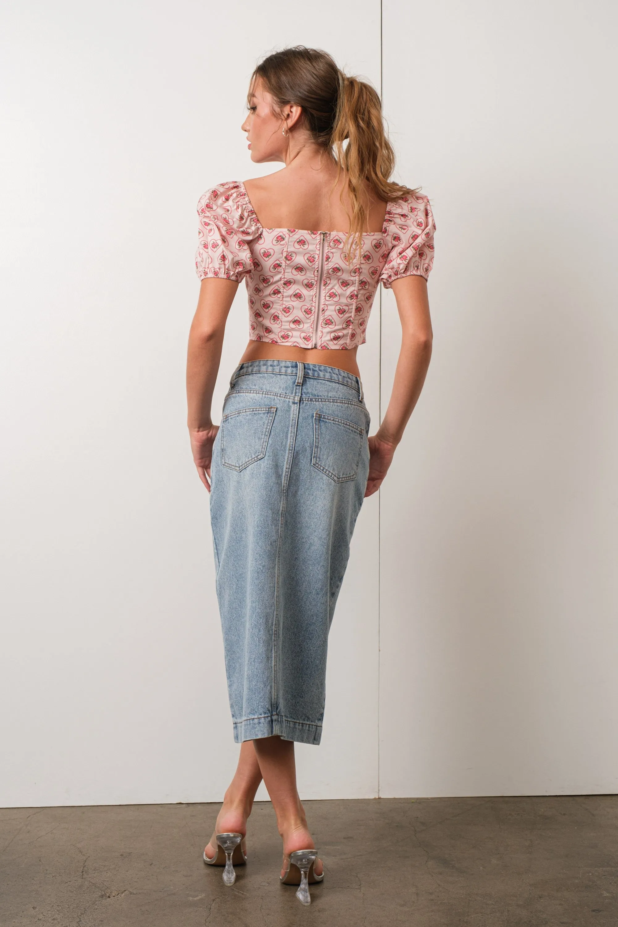 Rose Print Puff Sleeve Corset Top