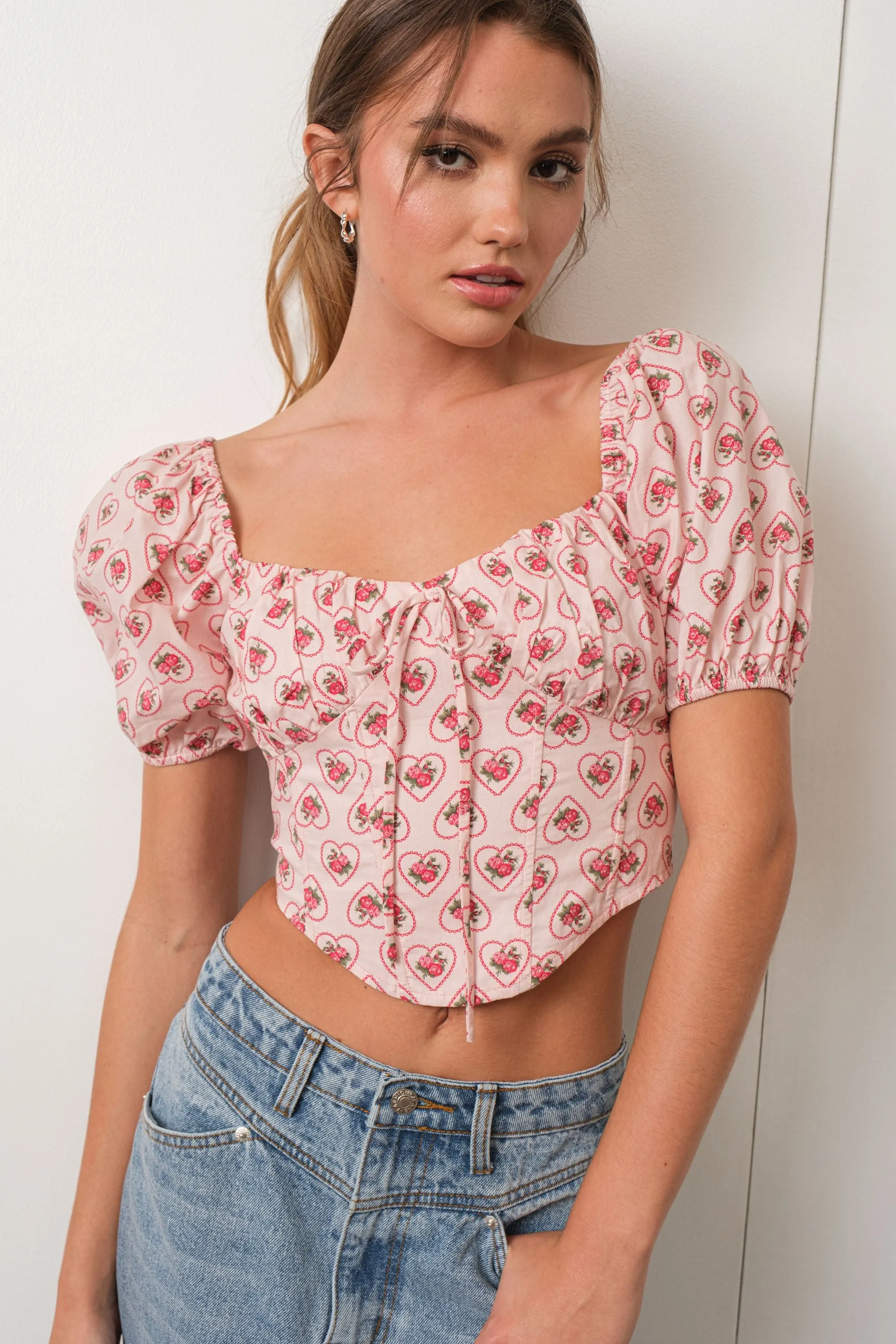 Rose Print Puff Sleeve Corset Top