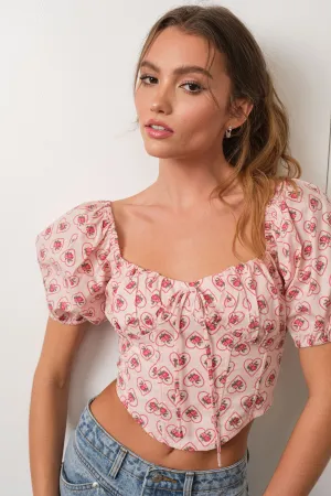 Rose Print Puff Sleeve Corset Top