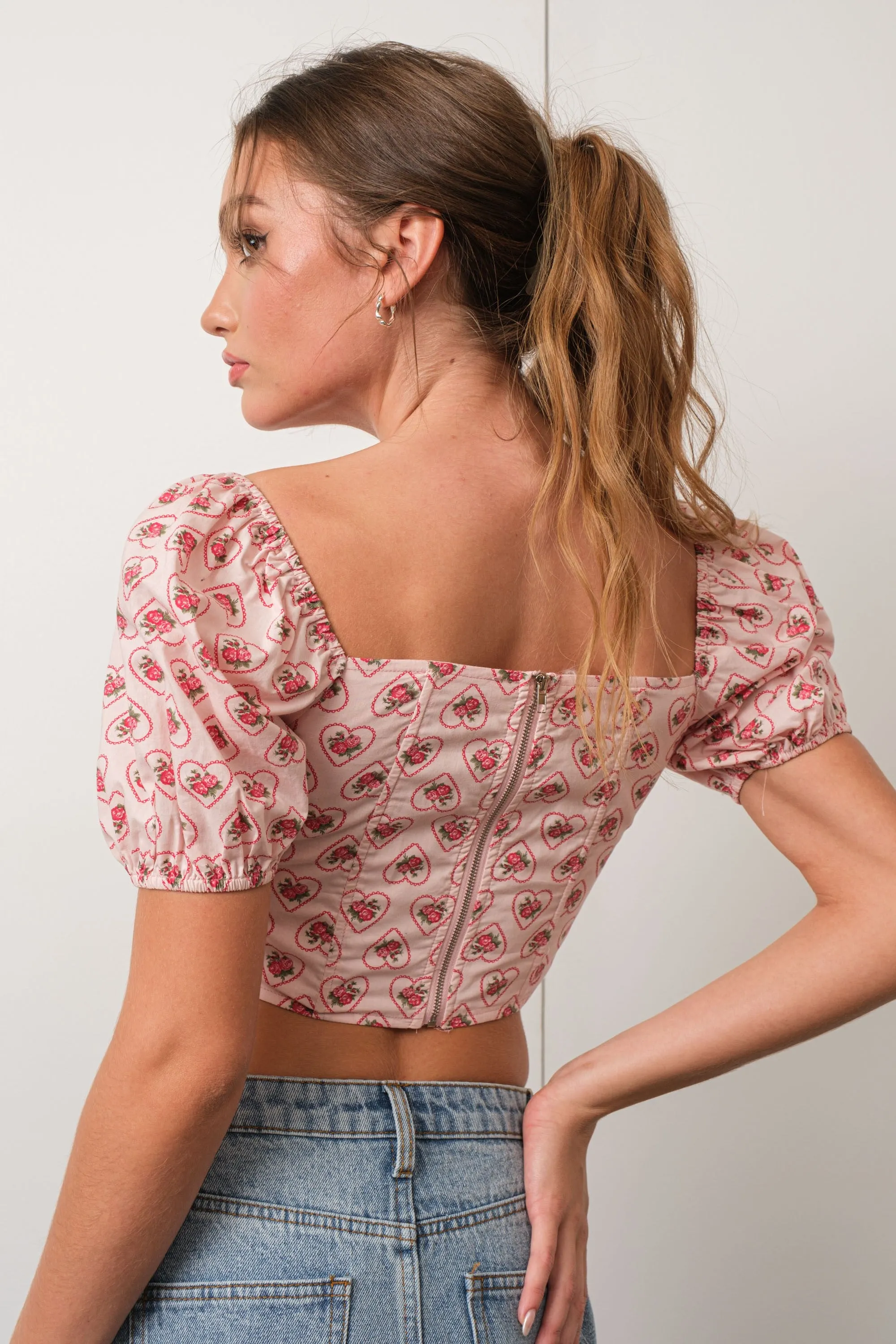 Rose Print Puff Sleeve Corset Top