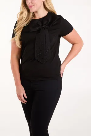 Sarah Embellished Bow Applique T Shirt Black