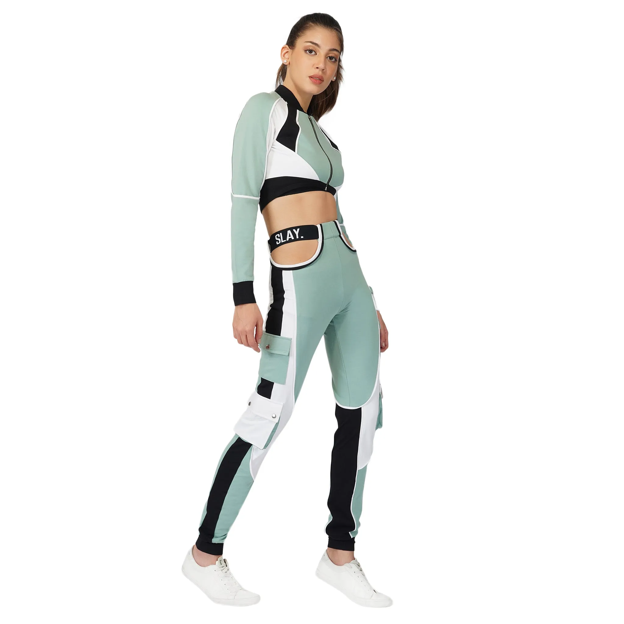 SLAY. Women's Activewear Tracksuit Turquoise Colorblock Crop Jacket & Cargo Pants Co-ord Set