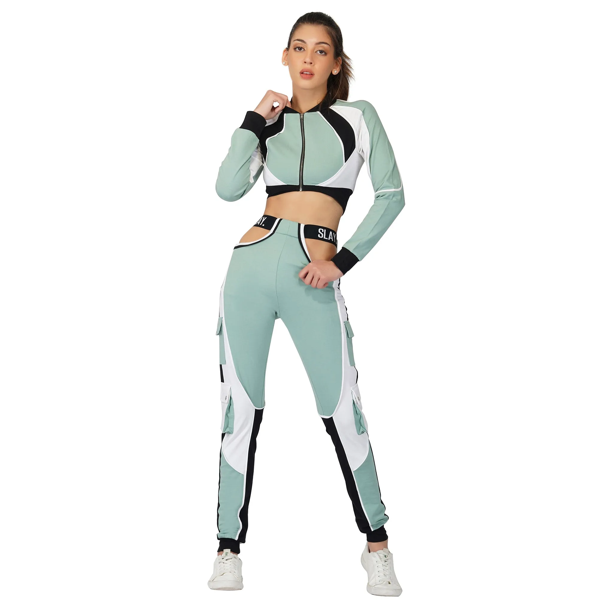 SLAY. Women's Activewear Tracksuit Turquoise Colorblock Crop Jacket & Cargo Pants Co-ord Set