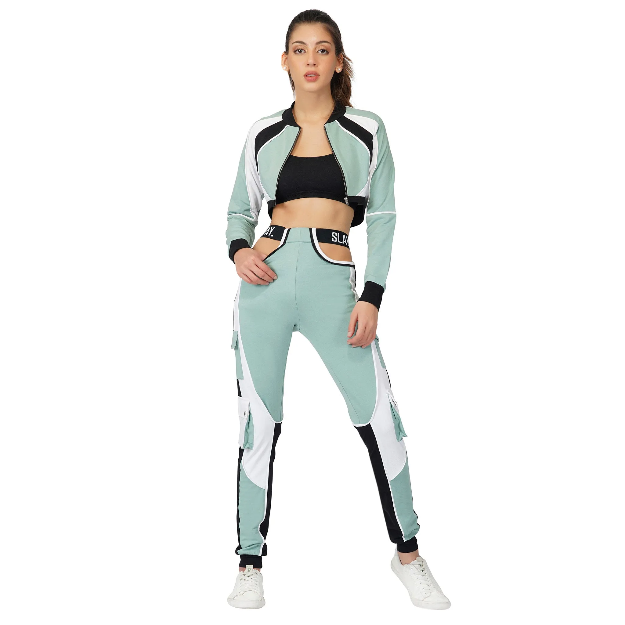 SLAY. Women's Activewear Tracksuit Turquoise Colorblock Crop Jacket & Cargo Pants Co-ord Set