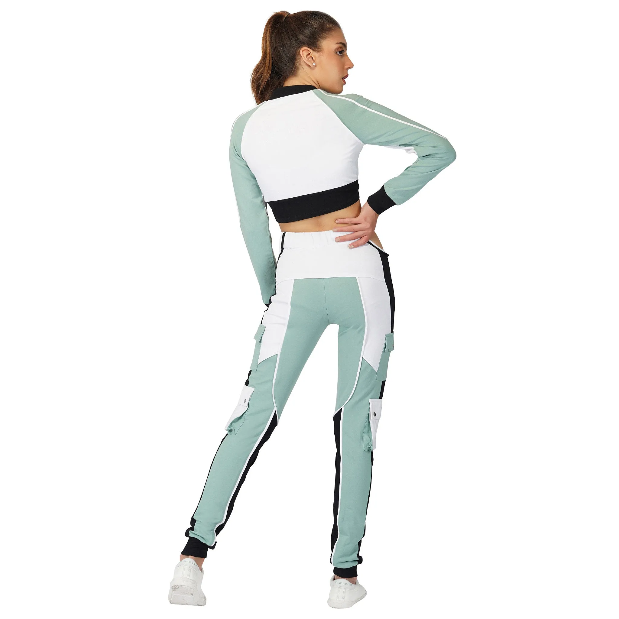 SLAY. Women's Activewear Tracksuit Turquoise Colorblock Crop Jacket & Cargo Pants Co-ord Set