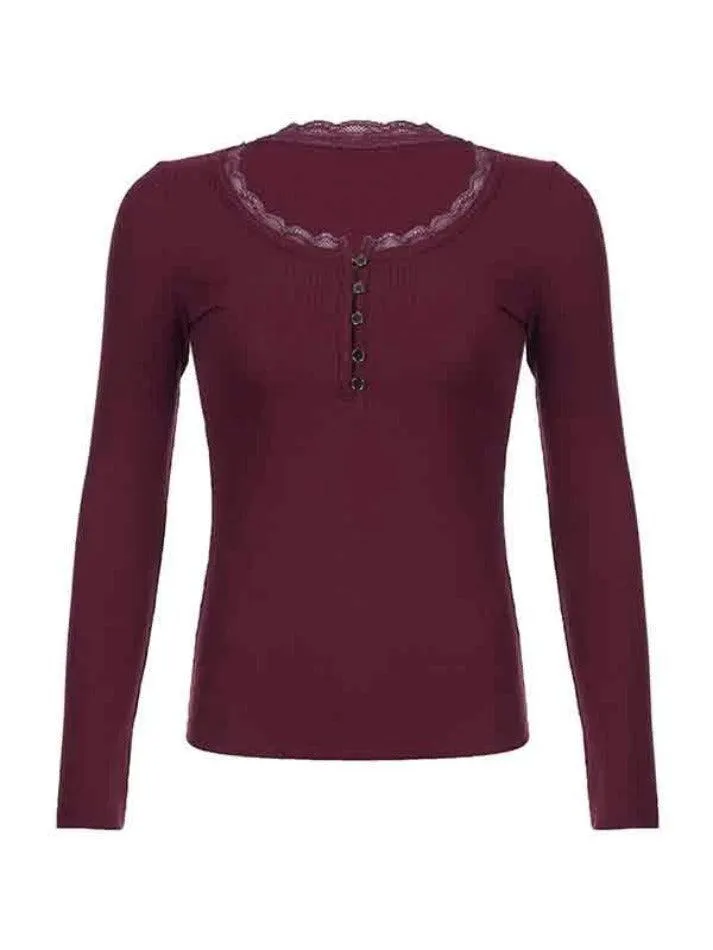 Solid Lace Trim Breasted Long Sleeve Knit