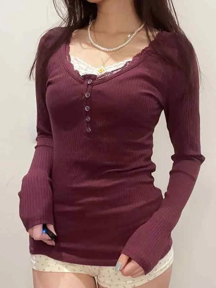 Solid Lace Trim Breasted Long Sleeve Knit