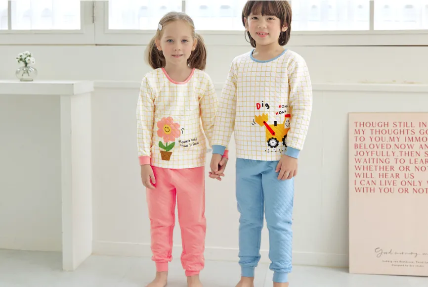 Thermal Korean Kids Pajamas Set-Yellow Excavator