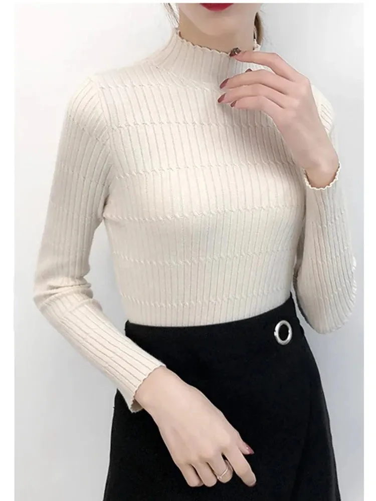 Turtleneck Knitted Sweater Female Simple Pullovers Ladies Top Fashion Women Sweaters Korean Jumper Stripe Solid Tops