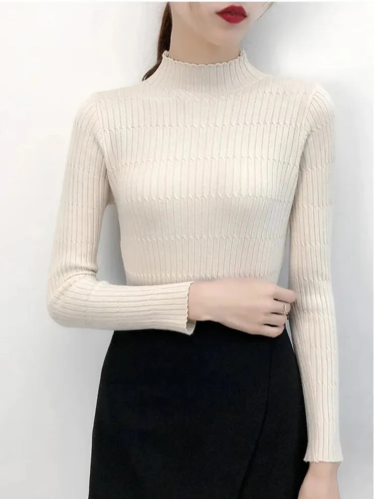 Turtleneck Knitted Sweater Female Simple Pullovers Ladies Top Fashion Women Sweaters Korean Jumper Stripe Solid Tops