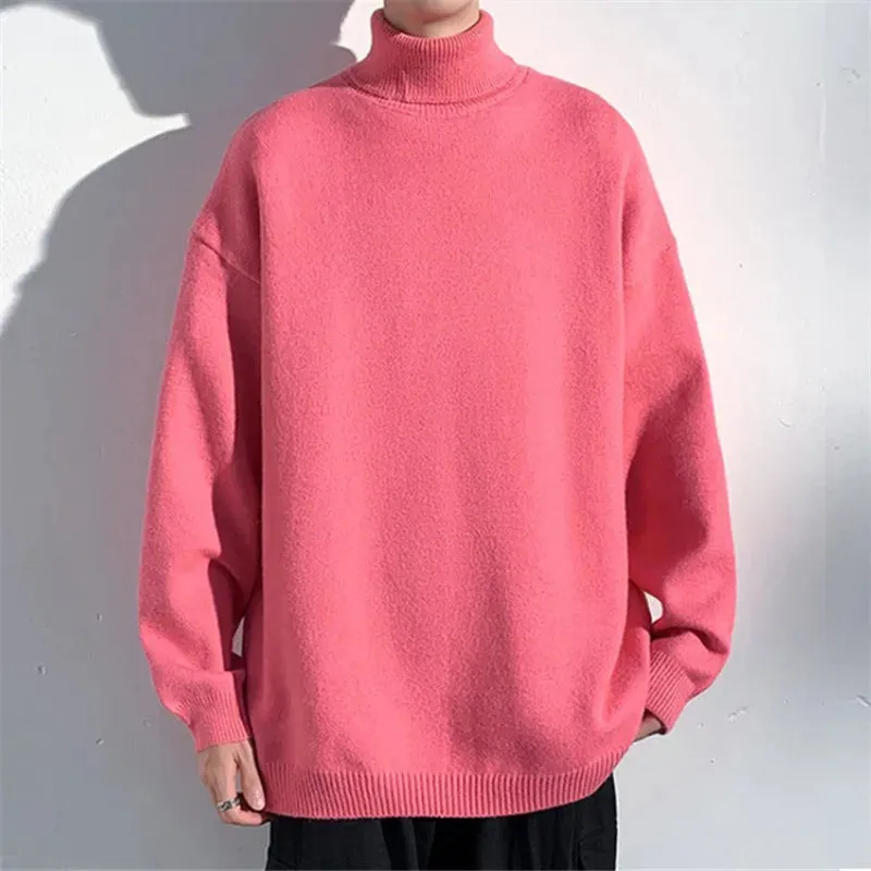 Wiaofellas  -  Autumn Winter Youthful Vitality Pullovers Men Knitted Turtleneck Sweater Solid Color Loose Casual Mens Turtleneck Pullover 5XL