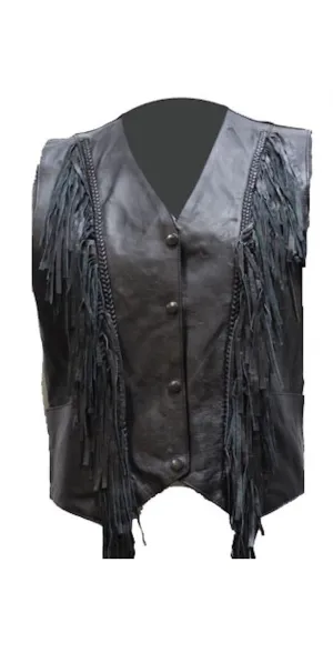 Womens Black Naked Leather Motorcycle Vest With Braid and Fringes