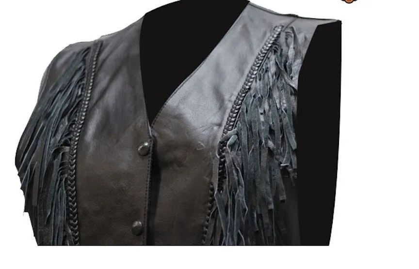 Womens Black Naked Leather Motorcycle Vest With Braid and Fringes