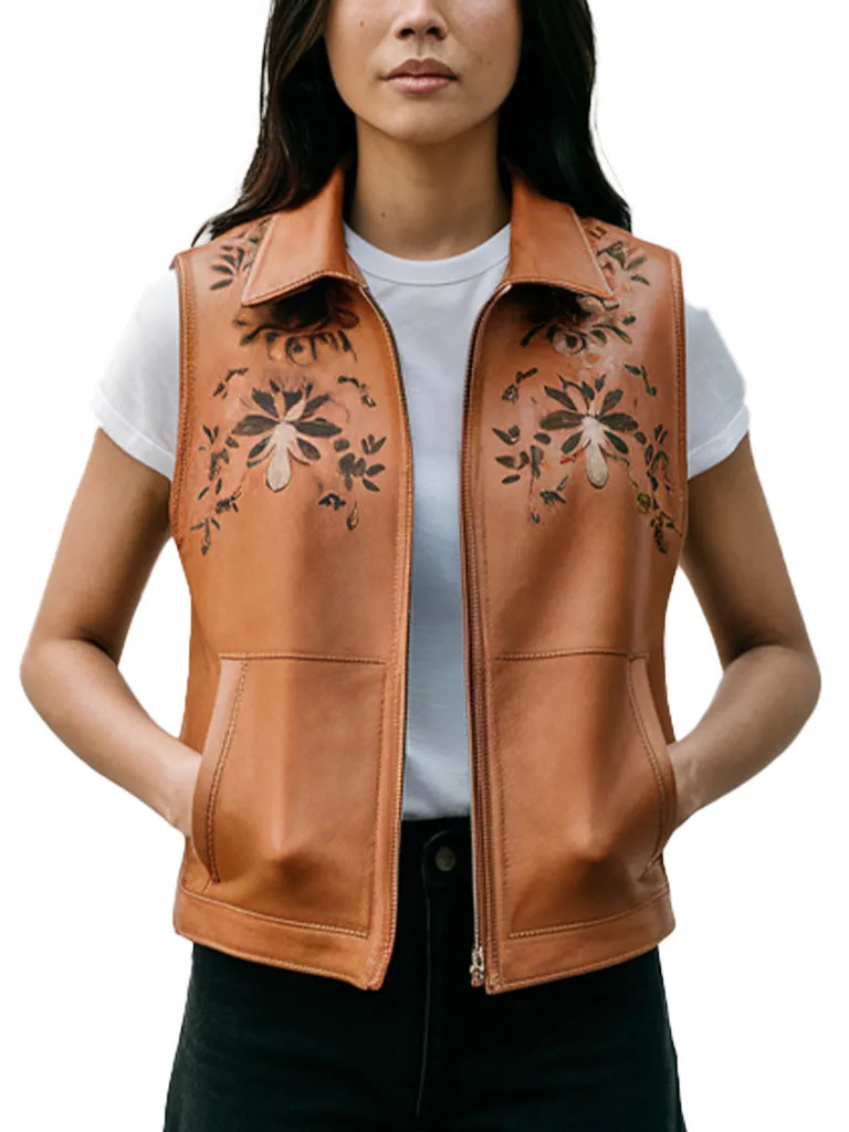 Women's Floral Pattern Elegant Design Brown Leather Vest