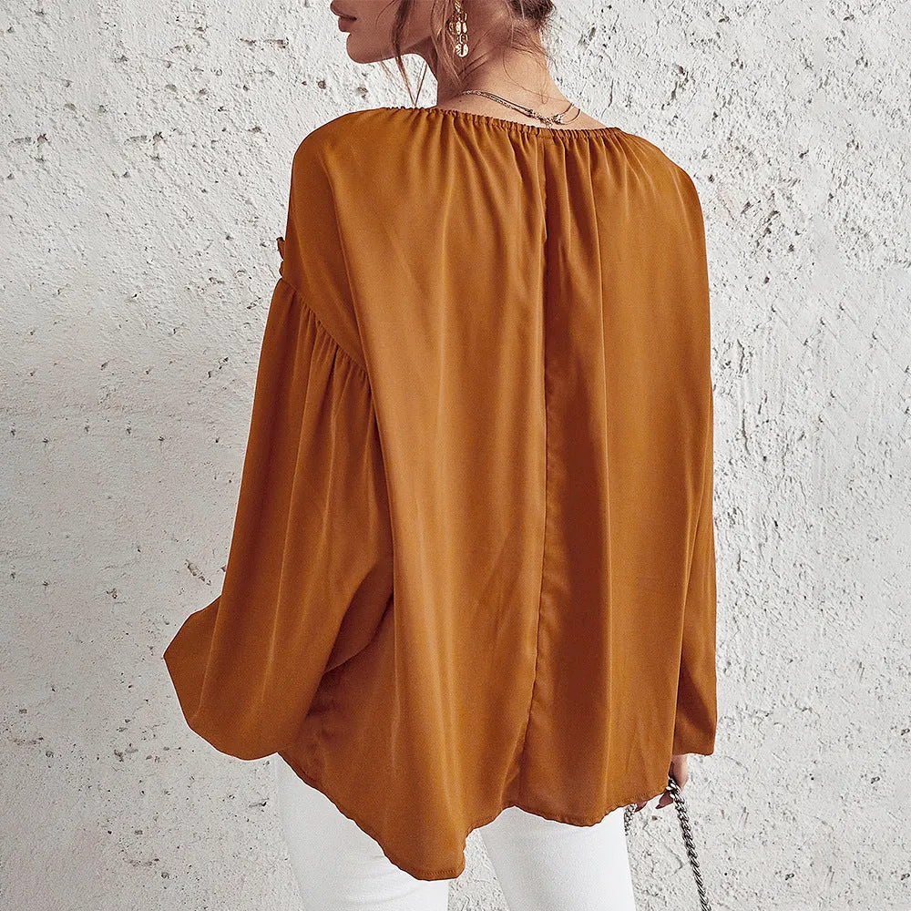 Women’s Ruffled V-Neck Blouse – Boho Chic in Caramel