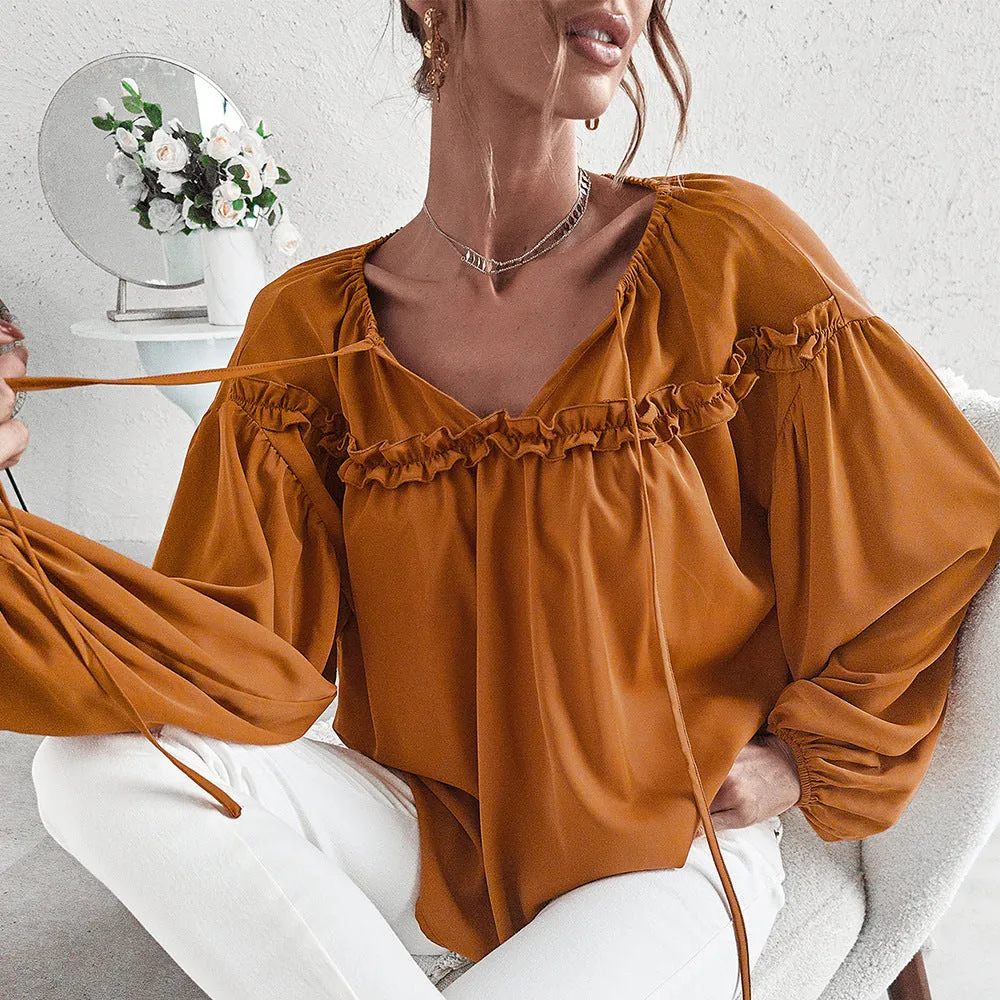 Women’s Ruffled V-Neck Blouse – Boho Chic in Caramel