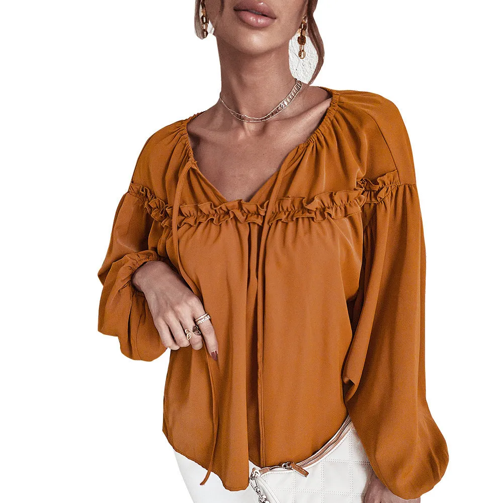 Women’s Ruffled V-Neck Blouse – Boho Chic in Caramel